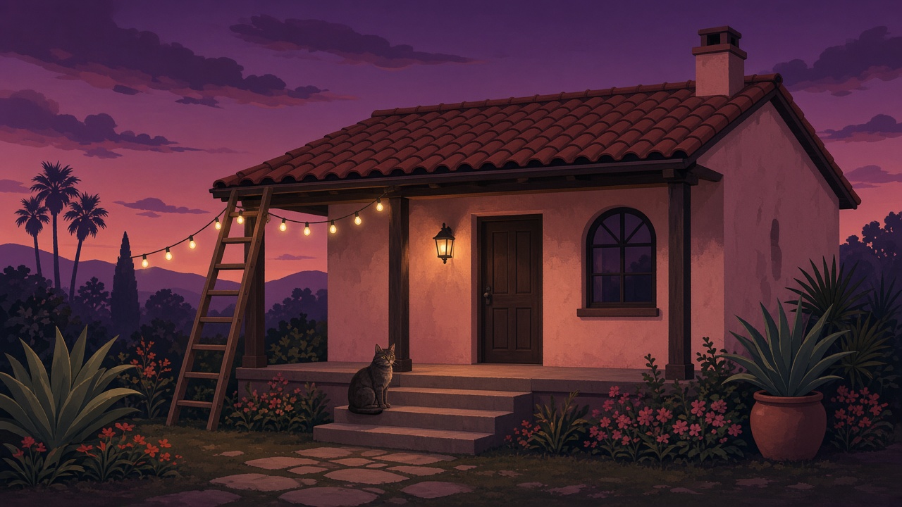 A storybook Lake Elsinore house decorated with warm lights